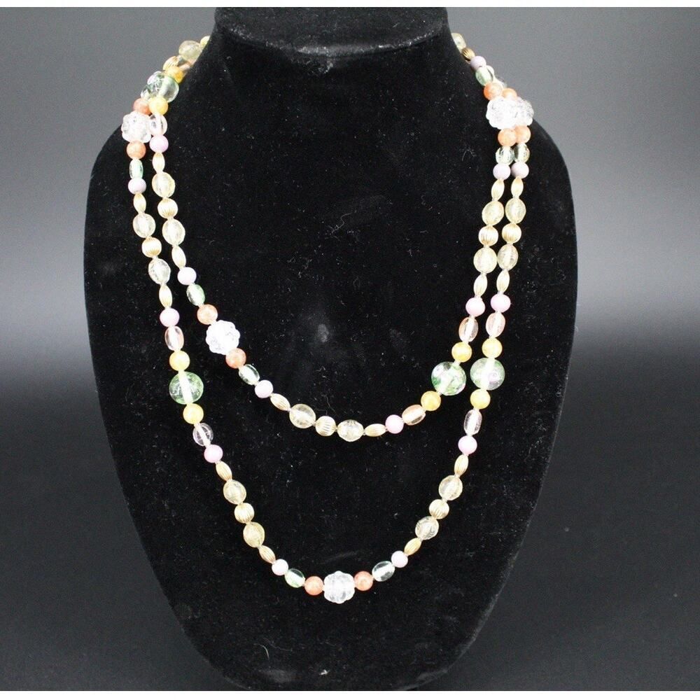 VTG Oscar De La Renta Signed 49” Long Double Strand Beaded Necklace Pastel